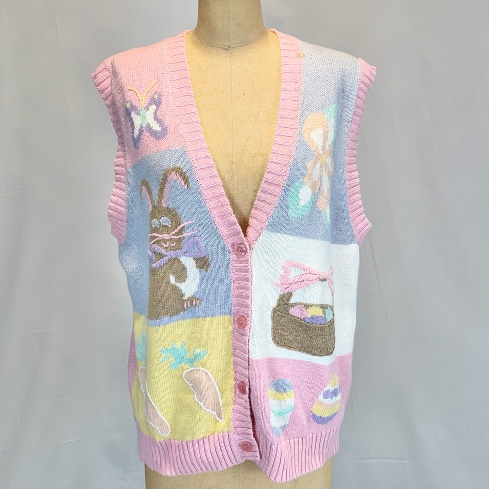 VINTAGE 90s Easter bunny knit sweater cardigan sleeveless vest spring pastel - Picture 3 of 13